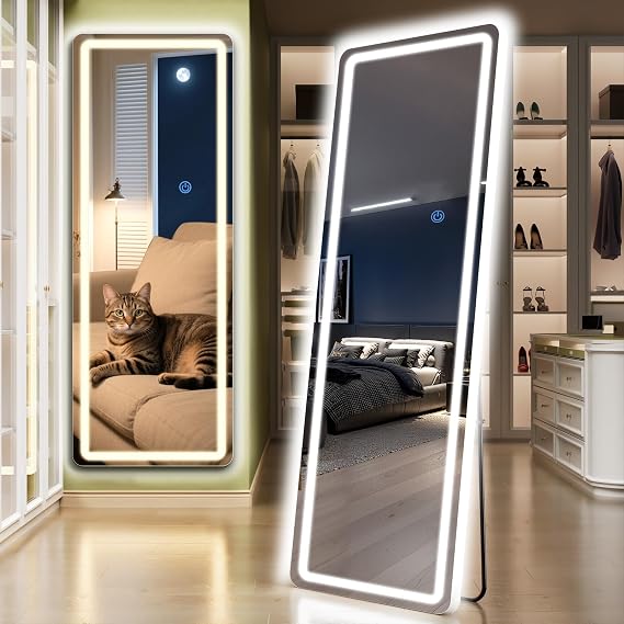 Standing Mirror Full Length with LED Lights, 65"x24" Lighted Mirror with Dimming & 3 Color Lighting, Tall Mirror Full Body for Bedroom, Dressing Room