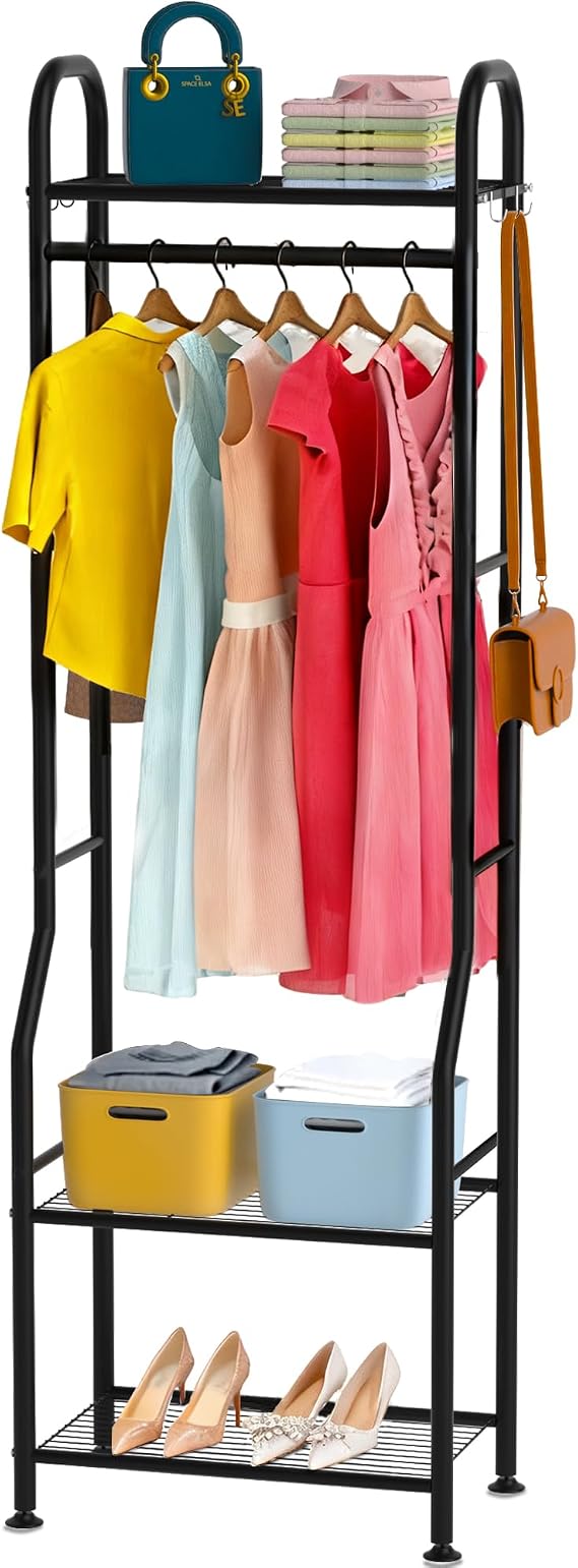 GloTika Narrow Clothes Rack - Clothing Rack with 3 Tier Metal Shelves, 71.9 Inch Tall Garment Rack with 8 Hooks, Freestanding Closet Organizer with Adjustable Leveling Feet for Small Space(Black)