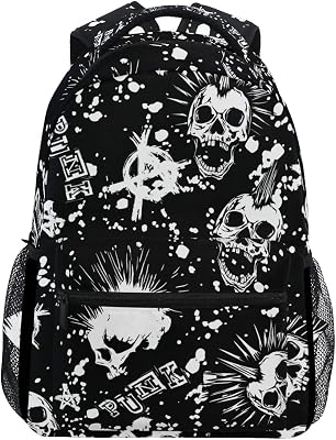 White Punk Skull Mohawk Hair Black Vintage Backpacks Bookbags Daypack Travel School College Bag for Womens Mens Boys