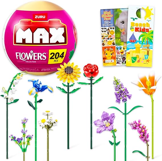 Zuru Max Floral Set for Kids - Bundle with Buildable Flower Bricks Blind Ball Plus More | Zuru Max Flower Collection Brick Building Kit