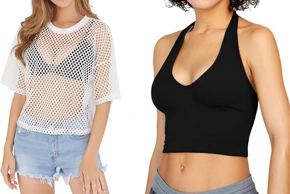 See Through Fishnet T-Shirt Crop Top & V Neck Cropped Tank Tops Halter Tops (Small Size)