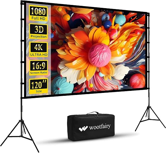 Wootfairy 120 Inch Projection Screen with Stand Foldable Portable Projection Screen 16:9 4K HD Rear Front Anti-Wrinkle Movie Screen with Carry Bag for Indoor Outdoor Home Theater Backyard Cinema