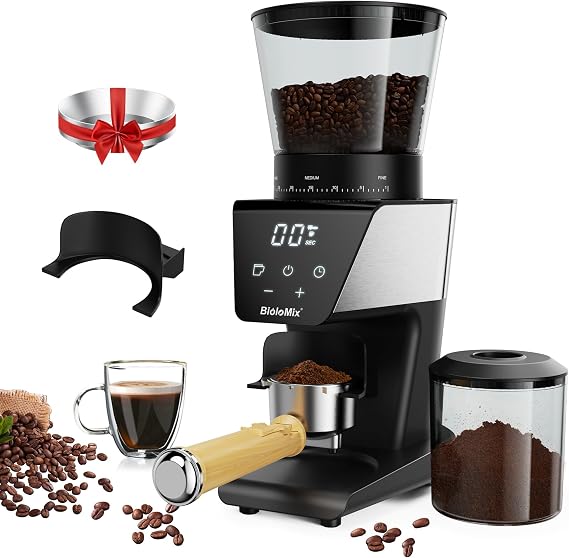 Biolomix Conical Burr Coffee Grinder with Touchscreen Digital Timer Display | and Portafilter Cradle Electric Adjustable Burr Mill with 30 Precise Grind Setting for 1-12 Cup(BG706+Espresso Dosing）