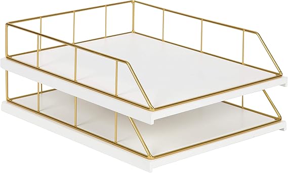 Kate and Laurel Benbrook Stacked Metal and Wood Letter Trays, White and Gold