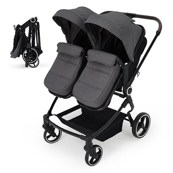 Double Stroller for Twins, One-Click Quick Fold Lightweight Newborn and Toddler Stroller with 5-Point Safety Harness, Adjustable Seat & Reversible Seat Modes for Infant Toddler