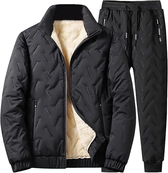 Mens Track Suit Set Plain Fleece Padded Quilted Fluff Warm Jacket Top Joggers Bottom Tracksuit Sweatsuit Jogging Joggers Set Winter Coat 2 Zip Pockets Thermal Fleece Lined Workout Full Zip Thick Coats