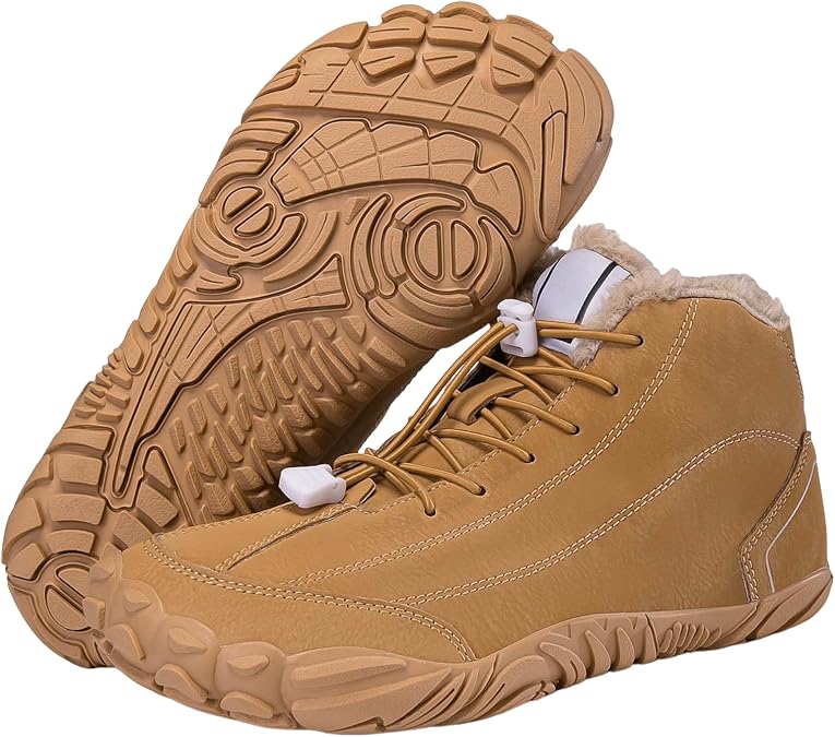 Womens Mens Winter Hiking Barefoot Boots Fur Fleece Lined Snow Boots,Water Resistant Wide Toe Box Comfortable Booties,Non-Slip Sole Minimalist Ankle Booties Thickened Warm Hike Running Shoes Unisex