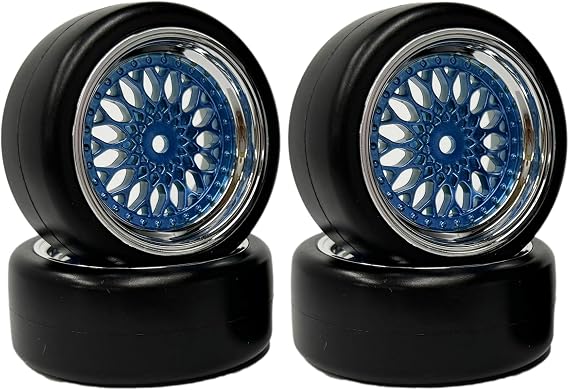 4PCS Drift Wheels Tires Set,WONFAST 63mm RC Hard Tyre with Plating Plastic Wheel Rims 12mm Hex for 1/10 RC On Road Racing Touring Drifting Car for Tamiya TT01 HSP HPI Kyosho(Blue Silver,Offset:6mm)