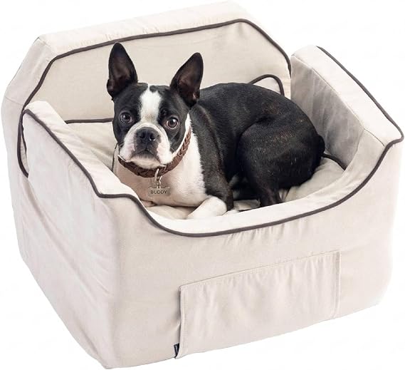 Snoozer Luxury Lookout Pet Car Seat, Medium Luxury II, Buckskin with Java | Dog booster car seat with storage tray, Elevated view helps alleviate travel sickness & fear, Removable washable cover