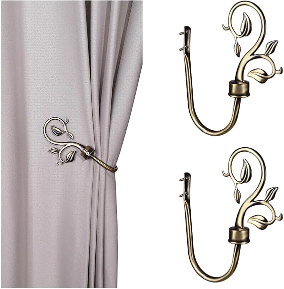 SUQ I OME Leaf Shaped Curtain Holdbacks, Bronze, 1 Pair | Handmade Metal, Antique Brass, Wall Mount, For Drapes Window