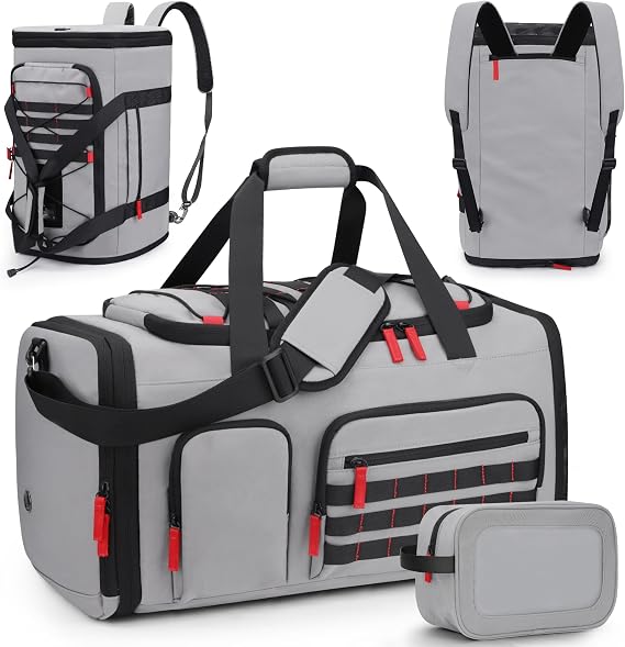 Gym Bags for Men Women, 45L Sports Travel Duffle Bag with Shoe Compartment, 3 in 1 Weekener Overnight Backpack with Wet Pocket, Grey