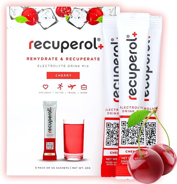 Recuperol Electrolytes Sachets - Rehydration Electrolytes Powder with Zinc, Vitamin C, B12, D3 & Potassium for Hydration - Sugar Free, Vegan & Low Calorie - Cherry 8 Pack