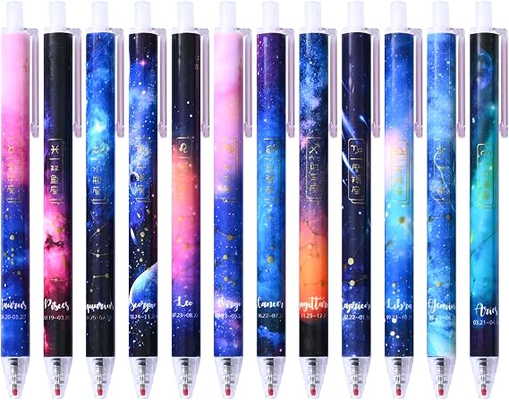 12 Pack Cute Constellation Gel Pens, Black Ink 0.5mm Creative Galaxy Writing Pen, No Smear Aesthetic Journaling Pens, Fine Point Retractable Gel Ink Rollerball Pens for Office, School, Home Writing