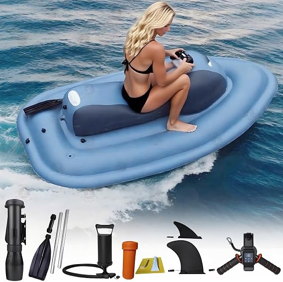 Electric Inflatable Jet Ski,500w/700w Easy Ride Mini Jet Boat for Adults,Foldable Inflatable Motorboat,3-9km/H Speed,150kg/330lb Capacity,40-130 Min Runtime,Water Surf Boat for Snorkeling