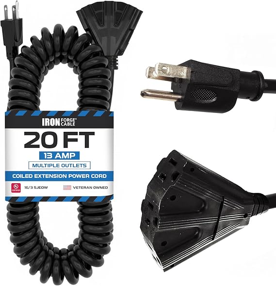 Iron Forge Cable 16 Gauge Black Coiled Cord, 20 Ft - 3 Outlet