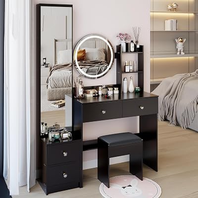 Large Vanity Desk with Mirror and RGB Light, 43.3 Makeup Vanity with Full Body Mirror Cabinet, Dressing Table with Cushioned Stool, 4 Drawers & Storage Shelves, 31.5inch Desktop, Black