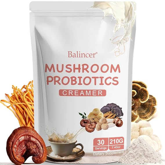 Mushroom Probiotic Coffee Creamer, 6 Adaptogenic Mushrooms (Lion's Mane, Cordyceps, Turkey Tail & Other) Mixed with Creamer for Focus, Energy, and Digestion Health Support, 30 Servings