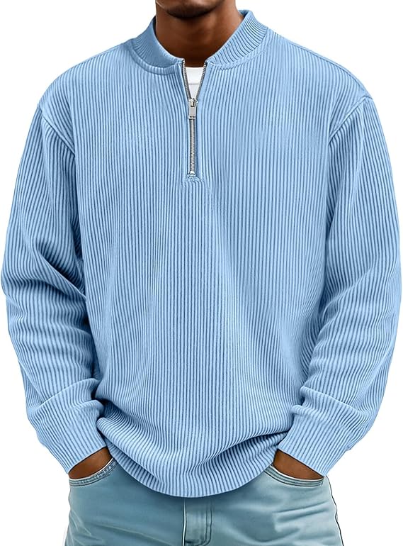 Mens Quarter Zip Pullover Stand Collar Corduroy Plus Size Sweatshirt No Hood Big and Tall Sweater Thermal Polo Shirt