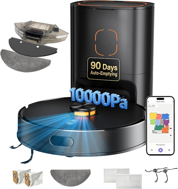Robot Vacuum and Mop Combo, 90-Day Self-Emptying, 10,000 Pa Suction, with dToF & Laser Navigation & Smart Mapping, Anti-Tangle, 160-Min Runtime, Ideal for Hard Floors, Pet Hair & Carpets