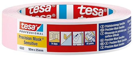 tesa UK 43330001801 Precision Sensitive, Razor Sharp Edge and Low Tack Masking Tape for Indoor Painting and Decorating, Residue Free Removal, 50 m x 25 mm, 25mm, Clear