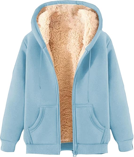 Fleece Jacket Women Full Zip up Hoodie Winter Coat Long Sleeve Fuzzy Lined Warm Coats with Pockets Thermal Going out