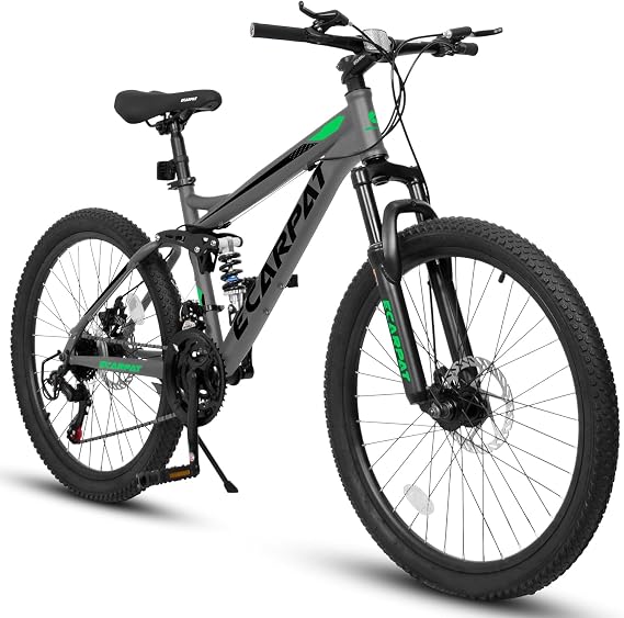 24/26/27.5 Inch Mountain Bike, Dual Full Suspension 21 Speed Womens Mens Mountain Bikes, Commuter Bike with Carbon Steel Frame and Dual Disc Brakes