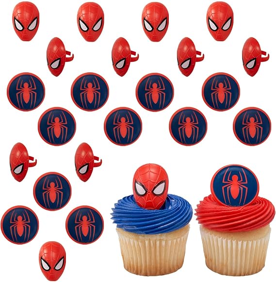 DecoPac Marvel's Spider-ManTM Spider and Mask Rings, Spider-Man Cupcake Decorations, Red and Blue Food Safe Cake Toppers 24 Pack