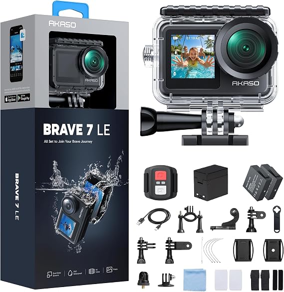 AKASO Brave 7 LE 4K30FPS 20MP WiFi Action Camera with Touch Screen EIS 2.0 Zoom Remote Control 131 Feet Underwater Camera with 2X 1350mAh Batteries Support External Microphone Vlog Camera