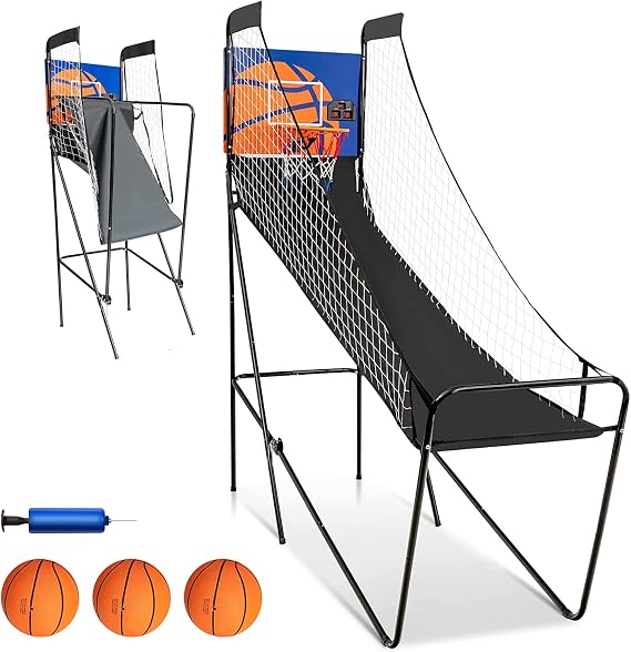 GYMAX Electronic Basketball Game, Single Basketball Shootout with LED Scoreboard, 3 Basketballs & Pump, Easy Folding for Storage, Indoor Basketball Arcade Game for Teens Adults