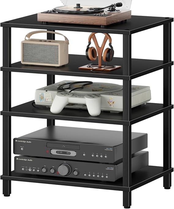 LELELINKY 4-Tier AV Media Player Stand, Black Stereo Cabinet, Modern Stereo Cabinet, Wooden TV Stand,Game Console Shelf, Multifunctional Entertainment Center, Suitable for Home, Conference Room