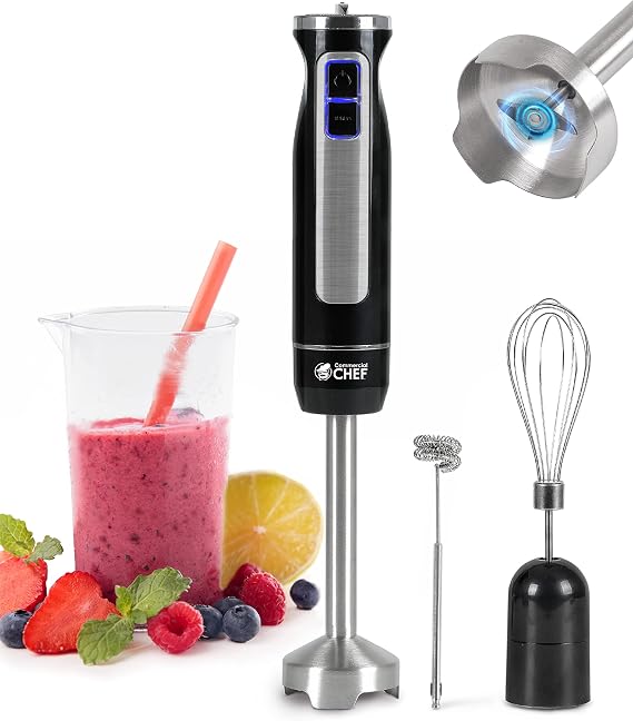 Commercial Chef Multi-Purpose Immersion Hand Blender, 500 Watts, CHIB50B | Detachable Stainless Steel Blending Stick, Includes 600 ml Beaker, Milk Frother & Whisk Attachments