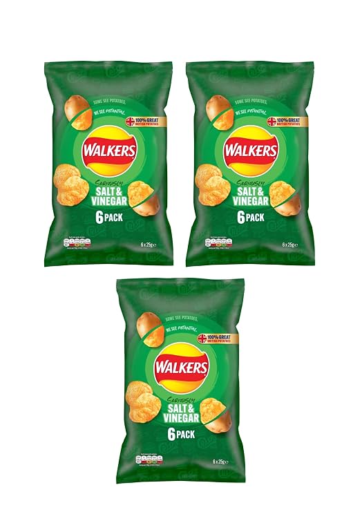Walkers Salt and Vinegar Flavored Potato Crisps, 6 Pack, 25g Each (Pack Of 3)