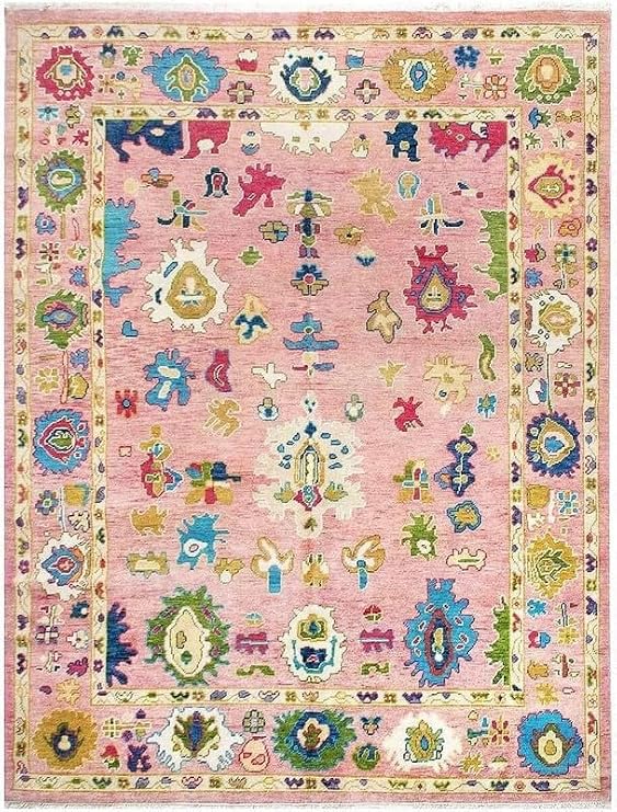 Hand-Tufted Oushak Wool Rug Handmade Turkish Design with Soft Pastel Tones and a Boho Look, Ideal for Living Rooms, bedrooms, or entryways.(Pink, 8' x 10')