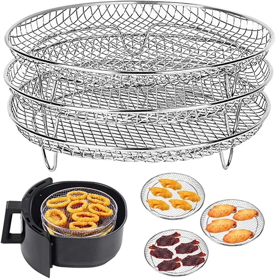 Air Fryer Racks Round, Three Layer Air Fryer Accessories Stackable Air Fryer Rack Stainless Steel Dehydrator Rack Air Fryer Basket Tray Grilling Rack Fits Most 4.2QT - 5.8QT Air Fryers Oven