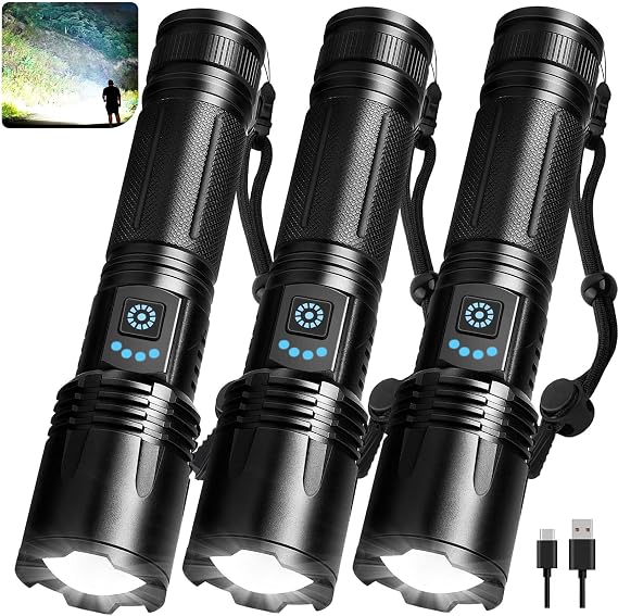 3 Pack Rechargeable Flashlights High Lumens, 99,000 Lumens Super Bright LED Flashlight for Home Camping, Handheld Flash Light Waterproof Flashlight with 5 Modes & Adjustable Function