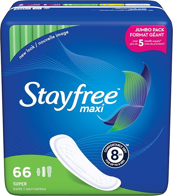 Stayfree Maxi Super Long Pads For Women, Wingless, Reliable Protection and Absorbency of Feminine Periods, 66 count