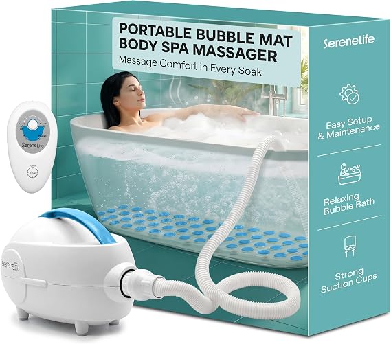 SereneLife Bubble Bath Mat for Bathtub | Motorized Air Pump Spa Bath Mat with Remote Control, Adjustable Bubbles, Non-Slip Base & Aroma Clip | Full Body Support 47" Waterproof Jacuzzi Mats for Bathtub