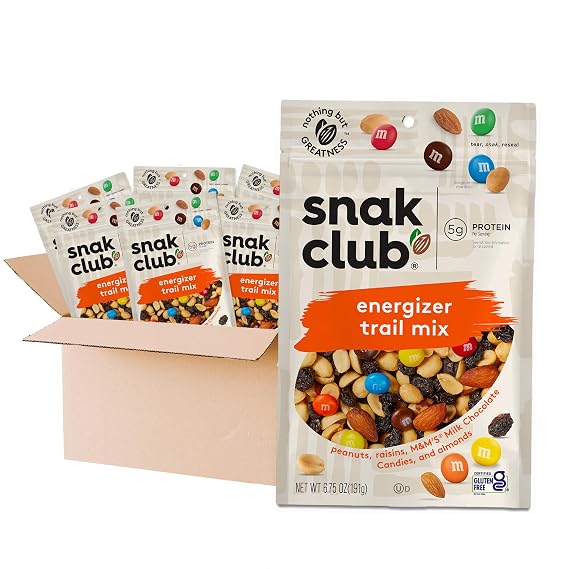 Snak Club Energizer Trail Mix with Roasted Salted Peanuts, Raisins, Chocolatey Candies, Roasted Almonds, Gluten-Free and Kosher Snack, 6.75 oz Resealable Bags, 6 Pack