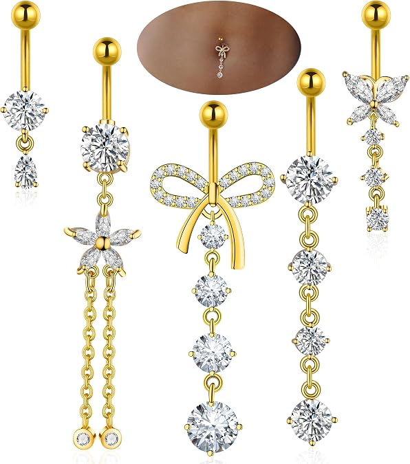 BSJ4U Belly Button Rings Gold Plated Silver Pink Clear CZ Belly Rings for Women Heart Bow Flower Butterfly Teardrop Dangle Navel Belly Button Piercing Jewelry