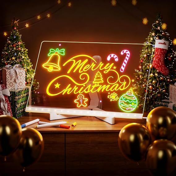 Led Drawing Board, Led Note Board with Color Marker, 12"x8"Acrylic Dry Erase Message Board with Light, Led Writing Board for Christmas Gift.