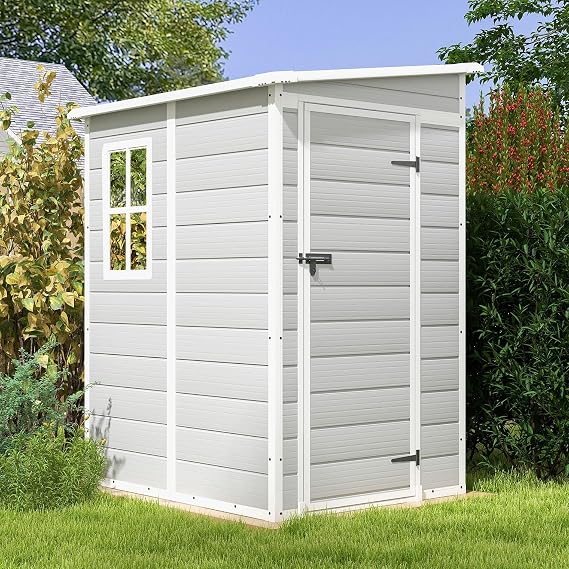 Patiowell 5x4 FT Outdoor Storage Shed with Floor, Resin Outside Storage Shed with Floor & Lockable & Window Door for Patio Furniture, Garden Tools and Bicycle, Light Gray