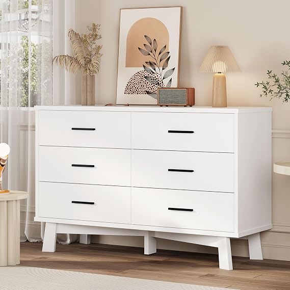 Xixini Dresser for Bedroom, 6 Drawer Wide Modern Chest of Drawers with X-Shaped Sturdy Base, Wood Double Dresser Closet Clothes Storage Organizer, Wooden TV Stand for Living Room, Hallway, White