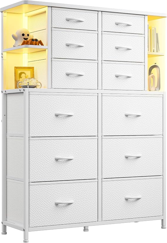 EnHomee White Dresser for Bedroom with 12 Drawers & LED Light, Open Shelves | Fabric Chests of Drawers for Living Room Entryway Hallway Closet, Space-Saving, Sorting and Storage, Metal Frame, Wood Top
