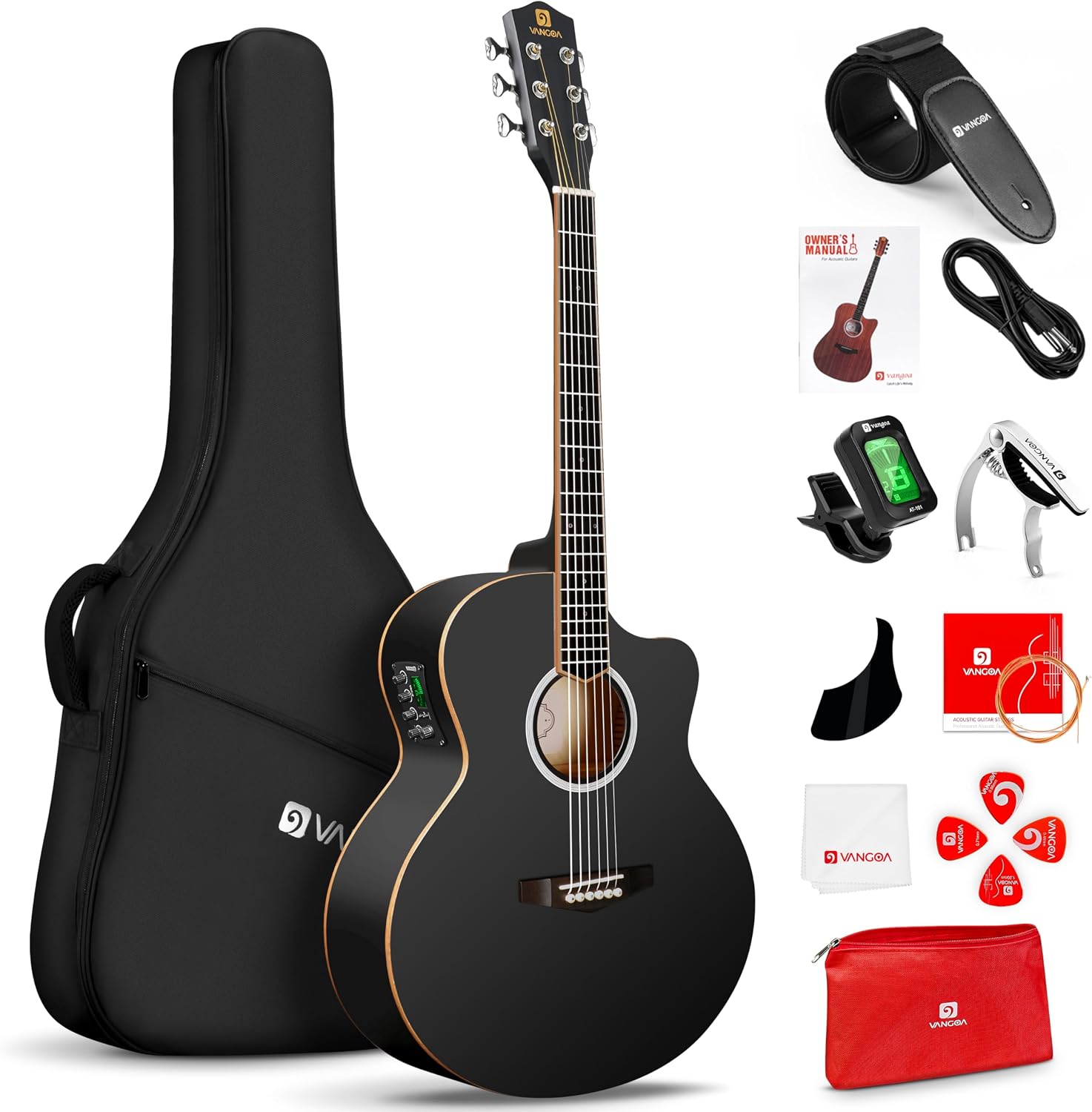 Vangoa 34 Electric Acoustic Guitar Kit for Beginners 36 Cutaway Acoustic Guitar Built-in Pickup with Bag Tuner Strap Capo Pick Spruce Top Upgrade Starter Kit Black Mat