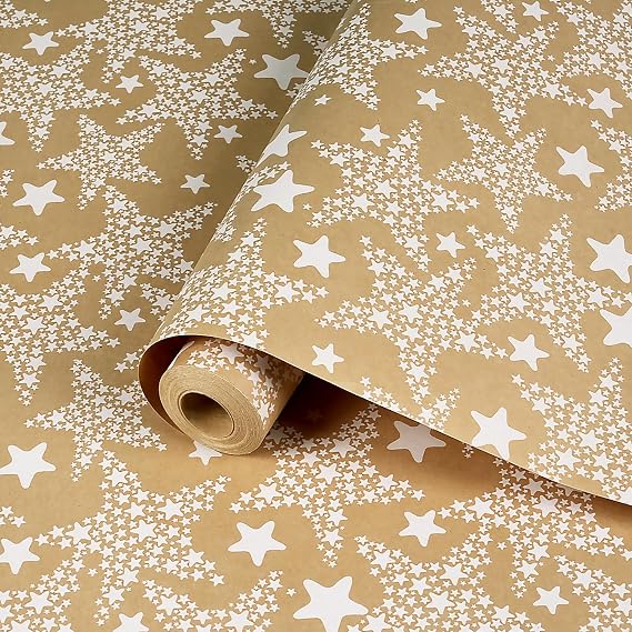 Christmas Wrapping Paper Roll 43cm x 15m, White Stars Brown Kraft Gift Wrapping Paper Roll for Women Men, Recyclable Gift Wrap Paper for Birthday Christmas New Year Winter Holiday Party Decorations