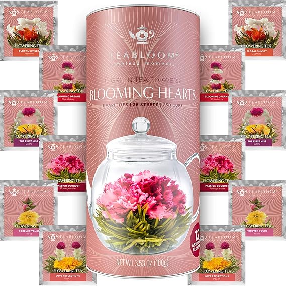 Teabloom Heart-Shaped Flowering Teas 12 Assorted Blooming Tea Flowers Green Tea + Jasmine, Pomegranate, Strawberry, Rose, Litchi & Peach