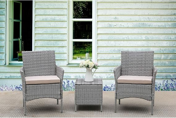 3 Pieces Patio Furniture Set, PE Wicker Rattan Table and Chairs Set Conversation Set, Two Armrest Sofa with Cushion and One Coffee Table for Patio Garden Lawn Backyard Pool Light Grey