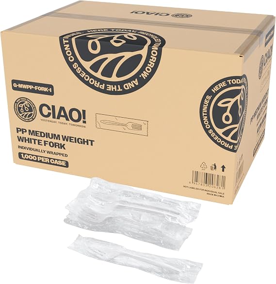 CIAO! 5.8" Medium Weight Disposable White Fork Polypropylene Individually Wrapped (Case of 1,000)