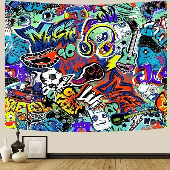 Modern Street Graffiti Tapestry, Creative Urban Street Music Hip Hop Art for Teen Boys & Girls, Aesthetic Wall Hanging for Bedroom or College Dorm - 80"X60"