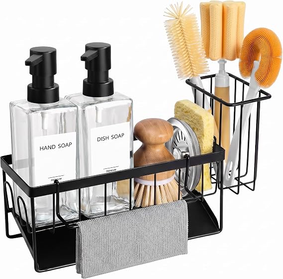 GMISUN Kitchen Soap Dispenser Set, 12 fl oz / 350 ml Dish Soap Dispensers with Sponge Holder, Customized Clear Glass Dish soap Dispenser for Kitchen, Modern Soap Dispensers Set Removable